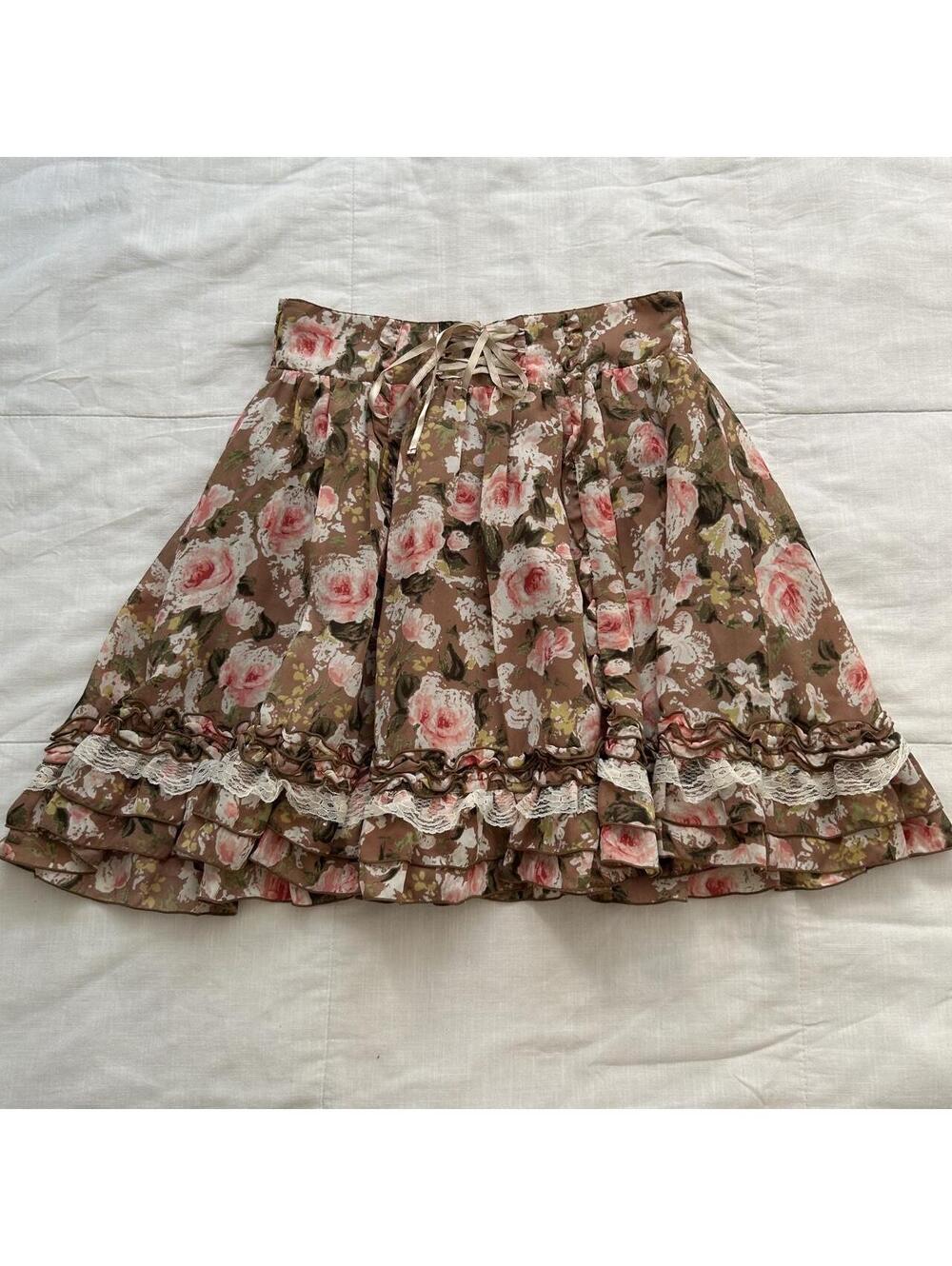 Axes Femme Mocha Floral Lace Trim Ruffle Skirt Size M Japan